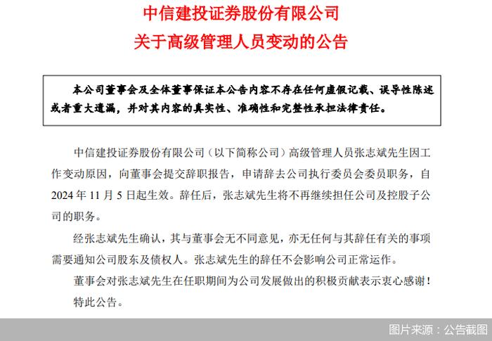 中信建投证券：高级管理人员张志斌因工作变动原因辞职